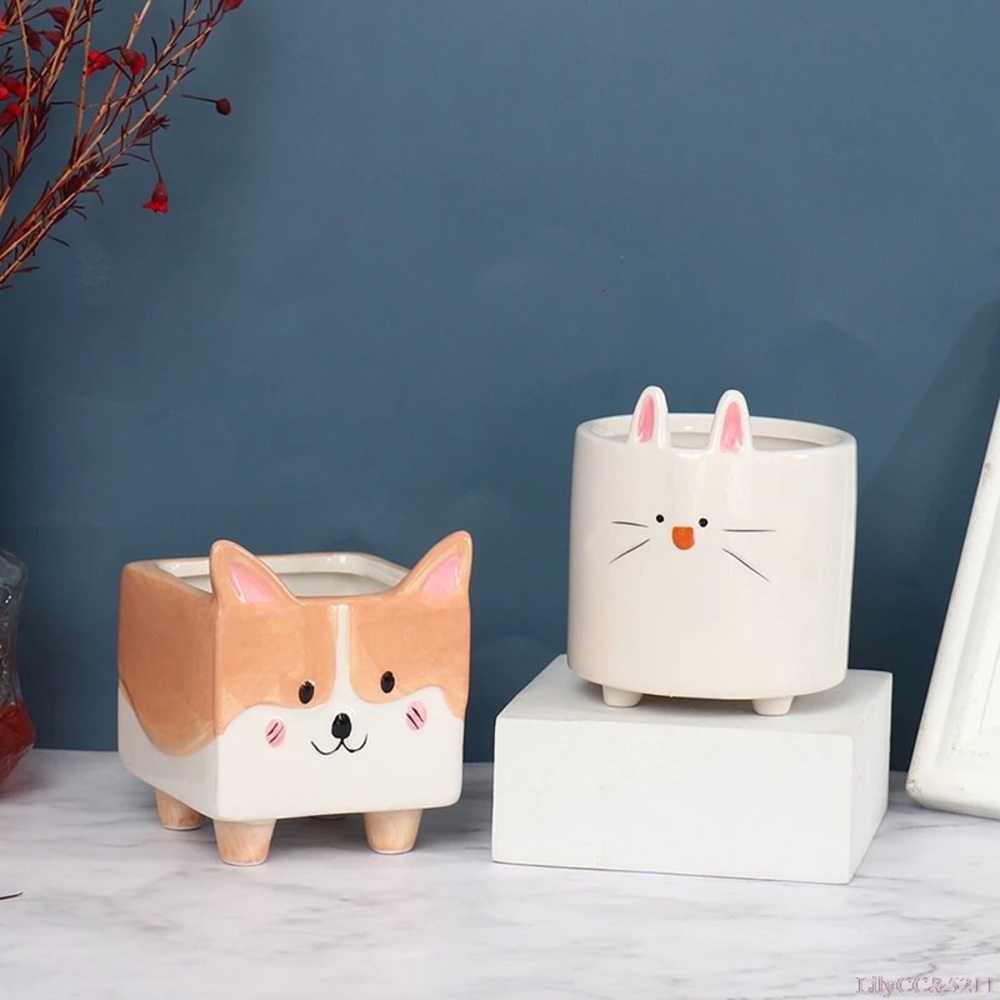 Succulent pot plant rabbit shiba ceramic garden home decor cute animal cartoon - Picture 7 of 9